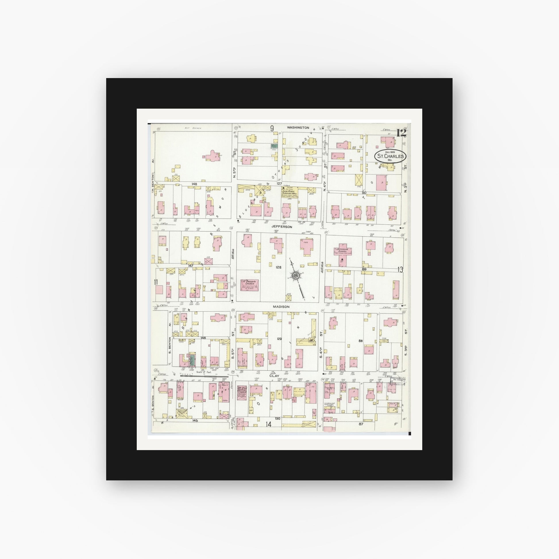 Old map wall art mockup — black gallery frame with white mat — Sanborn Fire Insurance Map from Saint Charles, Saint Charles County, Missouri (1909), Sheet #0012