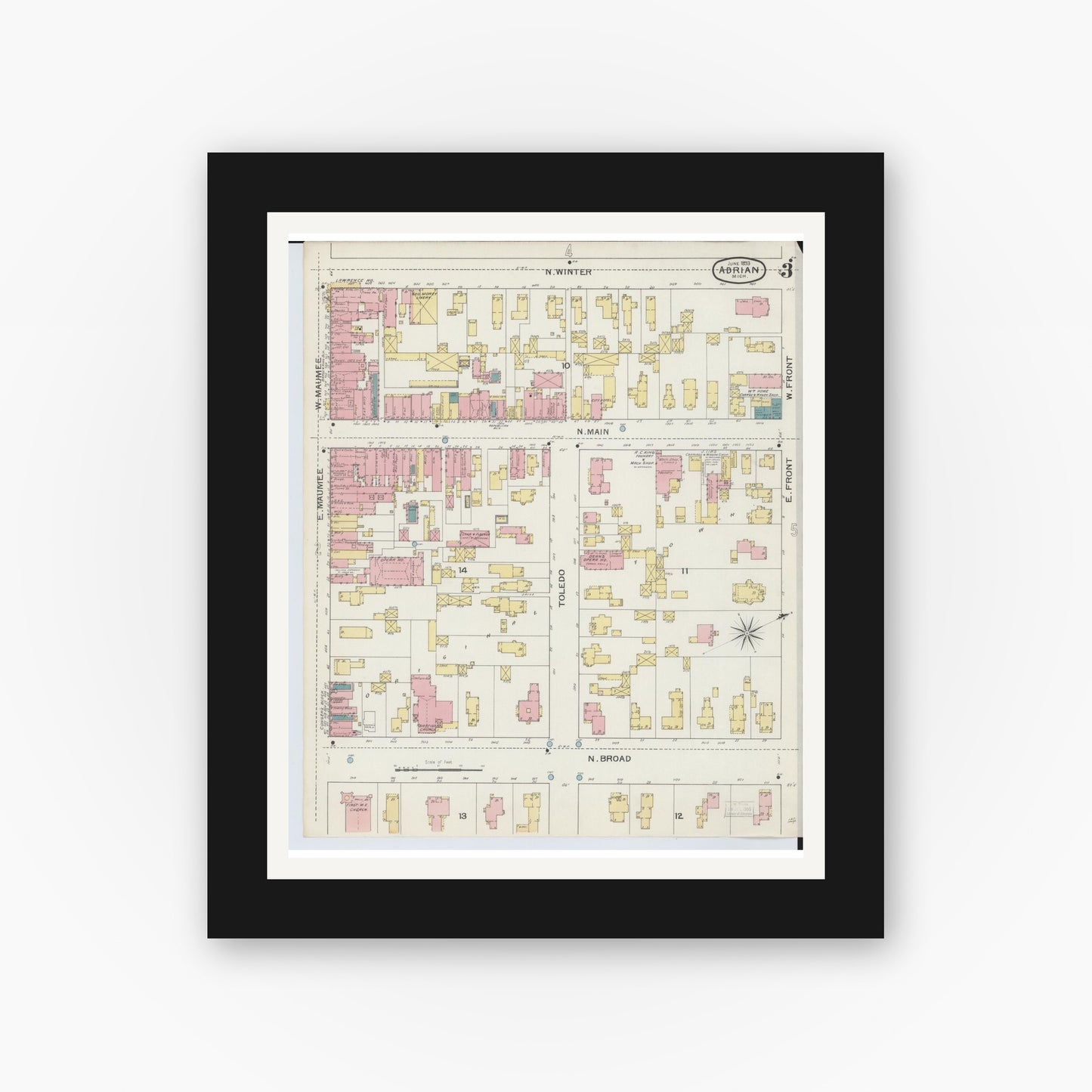 Old map wall art mockup — black gallery frame with white mat — Sanborn Fire Insurance Map from Adrian, Lenawee County, Michigan (1893), Sheet #0003