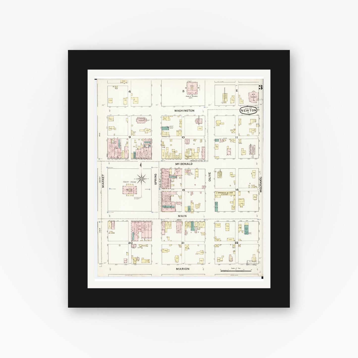 Old map wall art mockup — black gallery frame with white mat — Sanborn Fire Insurance Map from Newton, Jasper County, Iowa (1888), Sheet #0003