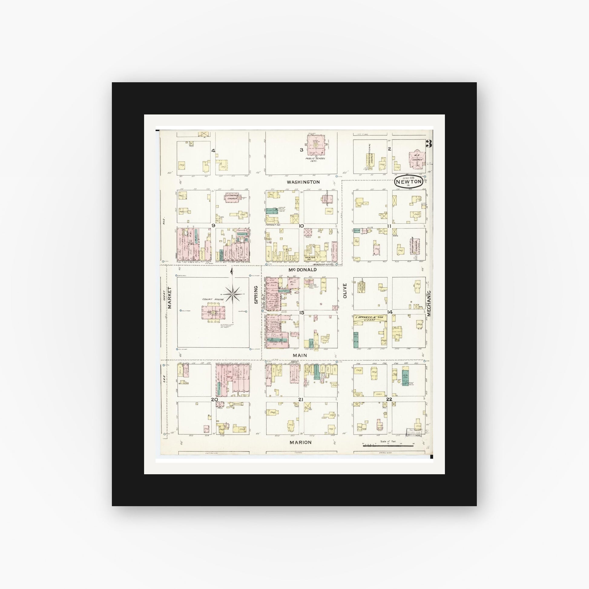 Old map wall art mockup — black gallery frame with white mat — Sanborn Fire Insurance Map from Newton, Jasper County, Iowa (1888), Sheet #0003