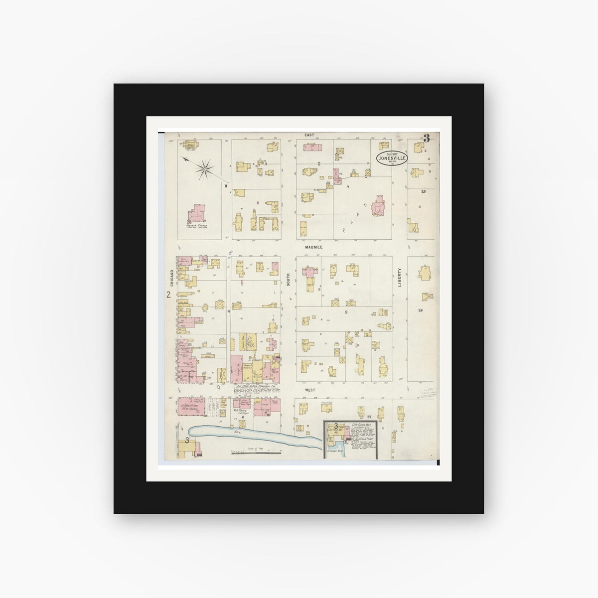 Old map wall art mockup — black gallery frame with white mat — Sanborn Fire Insurance Map from Jonesville, Hillsdale County, Michigan (1897), Sheet #0003