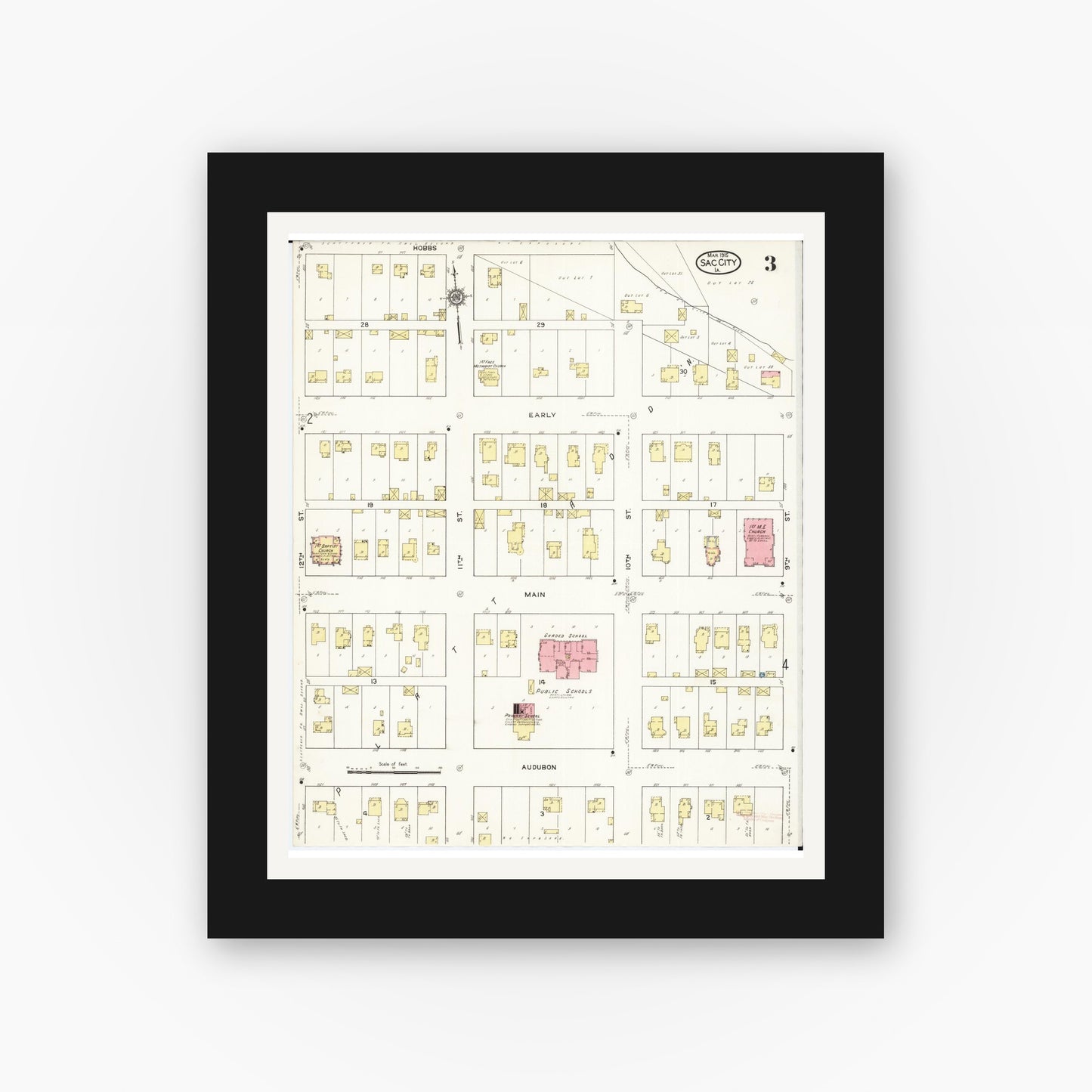 Old map wall art mockup — black gallery frame with white mat — Sanborn Fire Insurance Map from Sac City, Sac County, Iowa (1915), Sheet #0003
