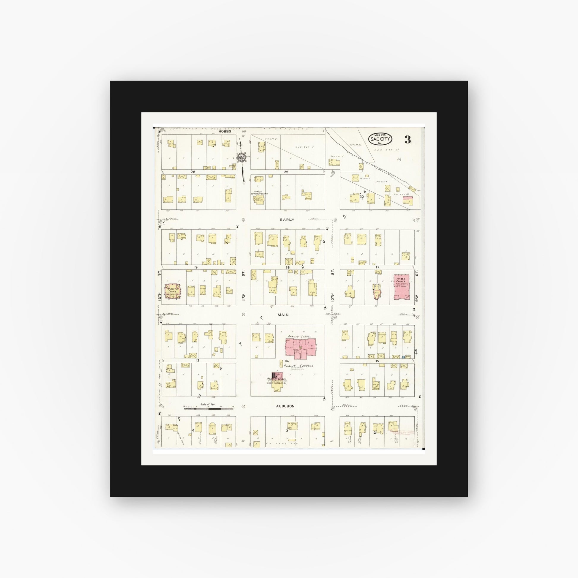 Old map wall art mockup — black gallery frame with white mat — Sanborn Fire Insurance Map from Sac City, Sac County, Iowa (1915), Sheet #0003