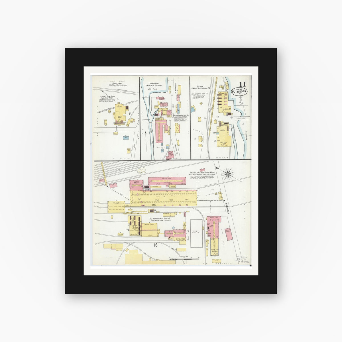 Old map wall art mockup — black gallery frame with white mat — Sanborn Fire Insurance Map from Pottstown, Montgomery County, Pennsylvania (1902), Sheet #0011