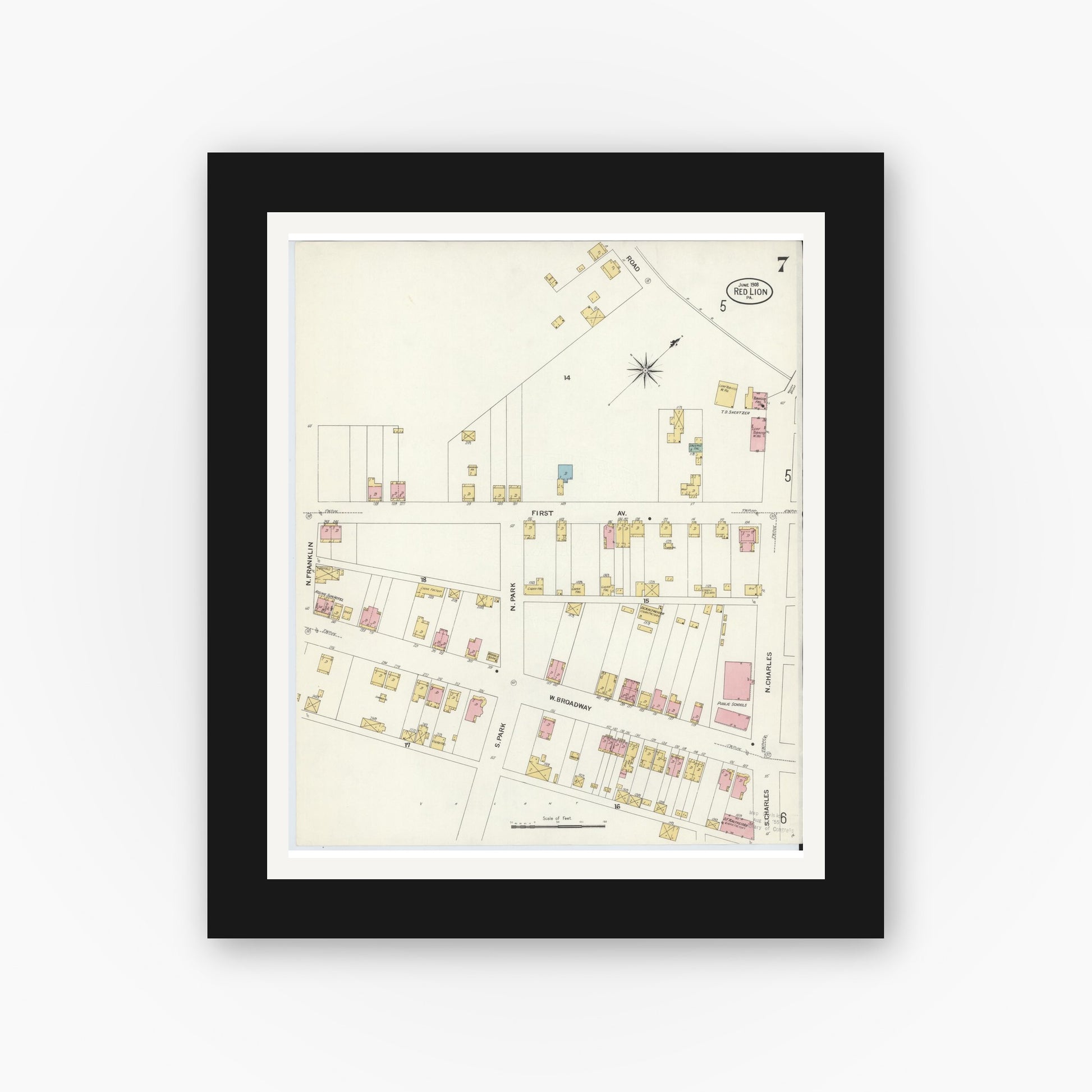 Old map wall art mockup — black gallery frame with white mat — Sanborn Fire Insurance Map from Red Lion, York County, Pennsylvania (1908), Sheet #0007