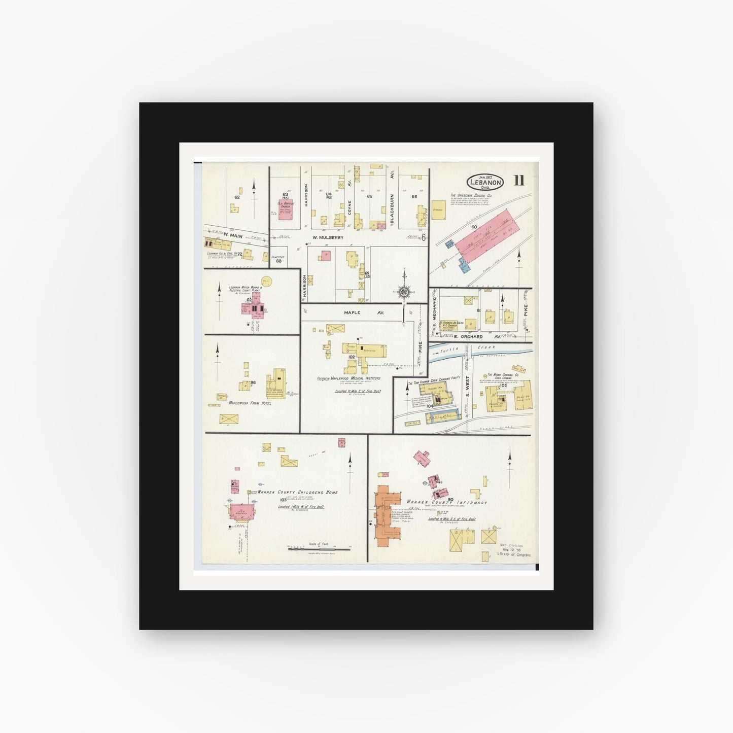 Old map wall art mockup — black gallery frame with white mat — Sanborn Fire Insurance Map from Lebanon, Warren County, Ohio (1917), Sheet #0011