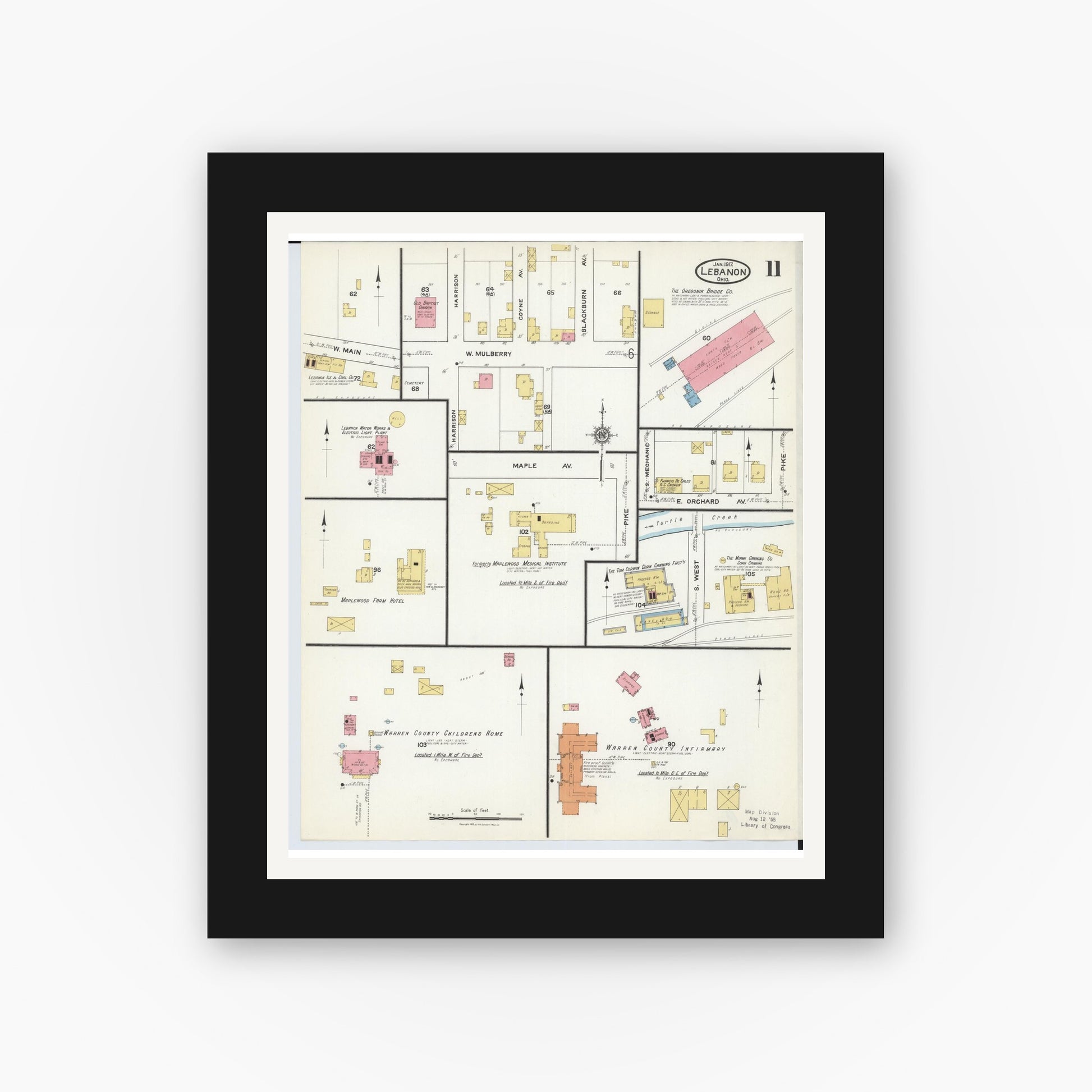Old map wall art mockup — black gallery frame with white mat — Sanborn Fire Insurance Map from Lebanon, Warren County, Ohio (1917), Sheet #0011