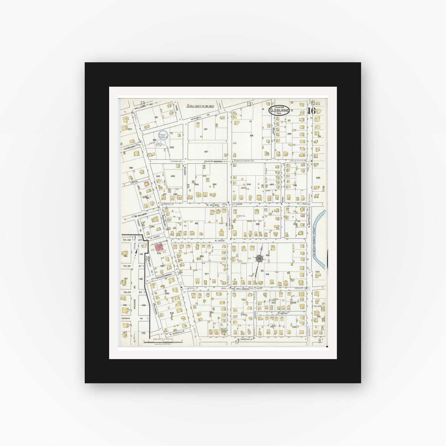 Old map wall art mockup — black gallery frame with white mat — Sanborn Fire Insurance Map from Cleburne, Johnson County, Texas (1918), Sheet #0016