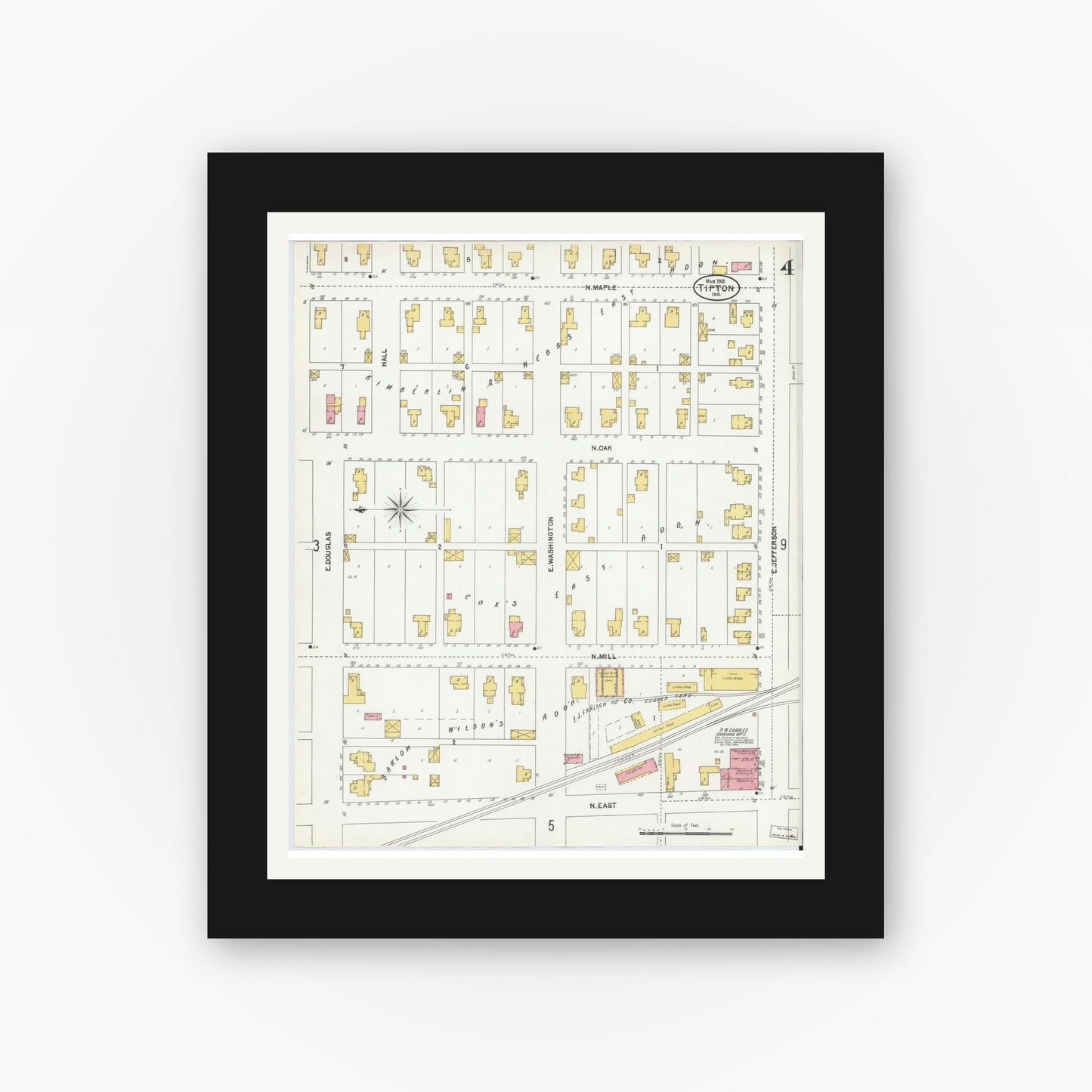 Old map wall art mockup — black gallery frame with white mat — Sanborn Fire Insurance Map from Tipton, Tipton County, Indiana (1902), Sheet #0004