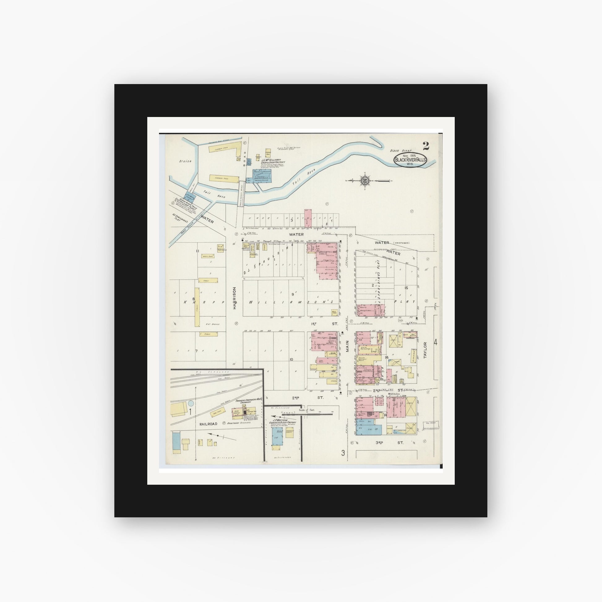 Old map wall art mockup — black gallery frame with white mat — Sanborn Fire Insurance Map from Black River Falls, Jackson County, Wisconsin (1914), Sheet #0002