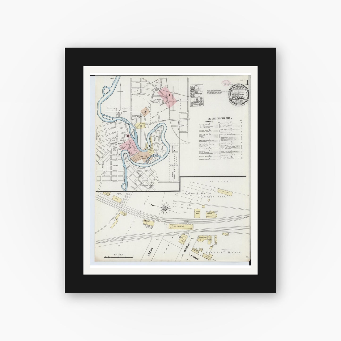 Old map wall art mockup — black gallery frame with white mat — Sanborn Fire Insurance Map from Allegan, Allegan County, Michigan (1888), Sheet #0001