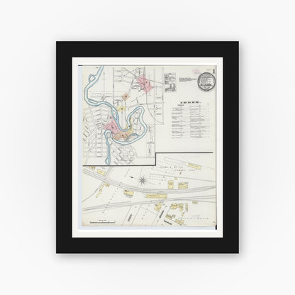 Old map wall art mockup — black gallery frame with white mat — Sanborn Fire Insurance Map from Allegan, Allegan County, Michigan (1888), Sheet #0001