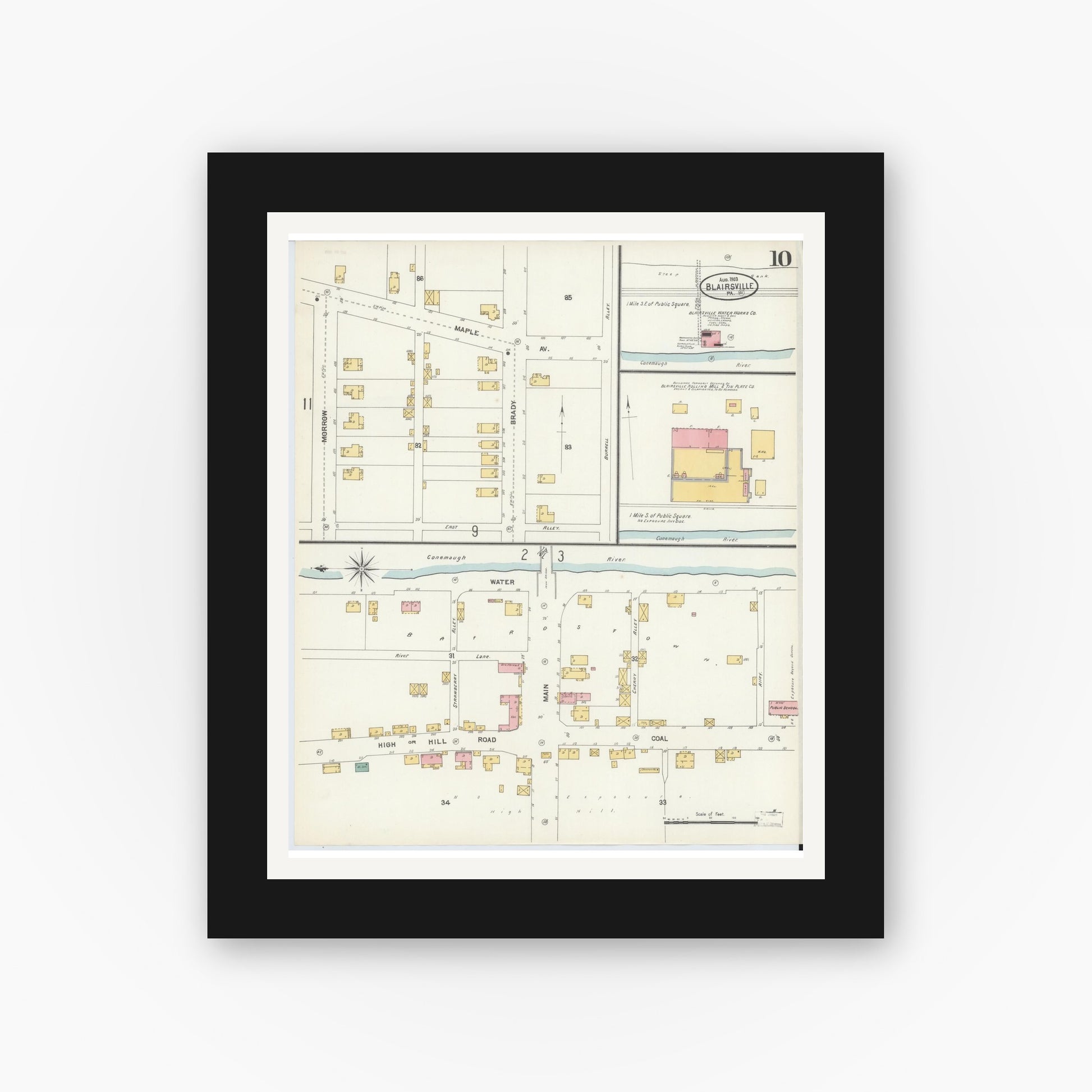 Old map wall art mockup — black gallery frame with white mat — Sanborn Fire Insurance Map from Blairsville, Indiana County, Pennsylvania (1903), Sheet #0010