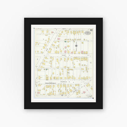 Old map wall art mockup — black gallery frame with white mat — Sanborn Fire Insurance Map from Cambridge, Guernsey County, Ohio (1909), Sheet #0012