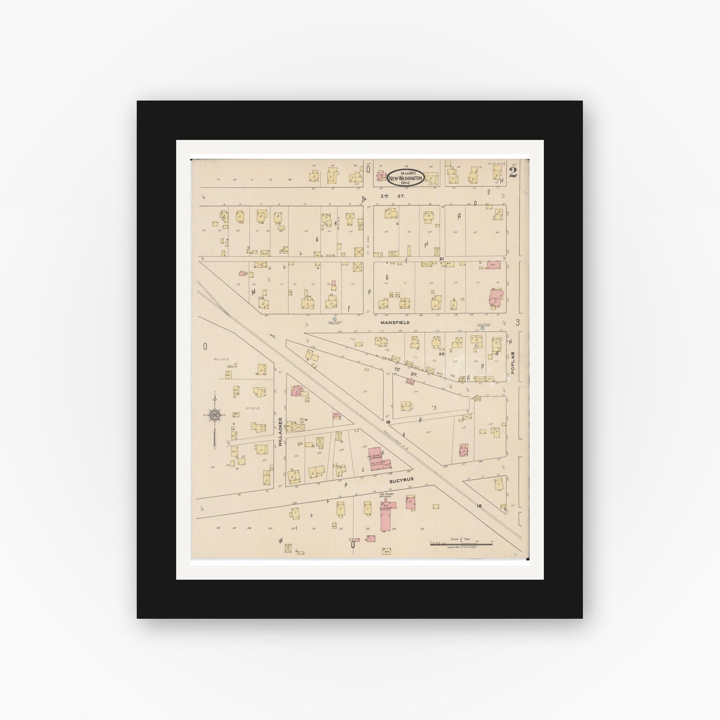 Old map wall art mockup — black gallery frame with white mat — Sanborn Fire Insurance Map from New Washington, Crawford County, Ohio (1922), Sheet #0002