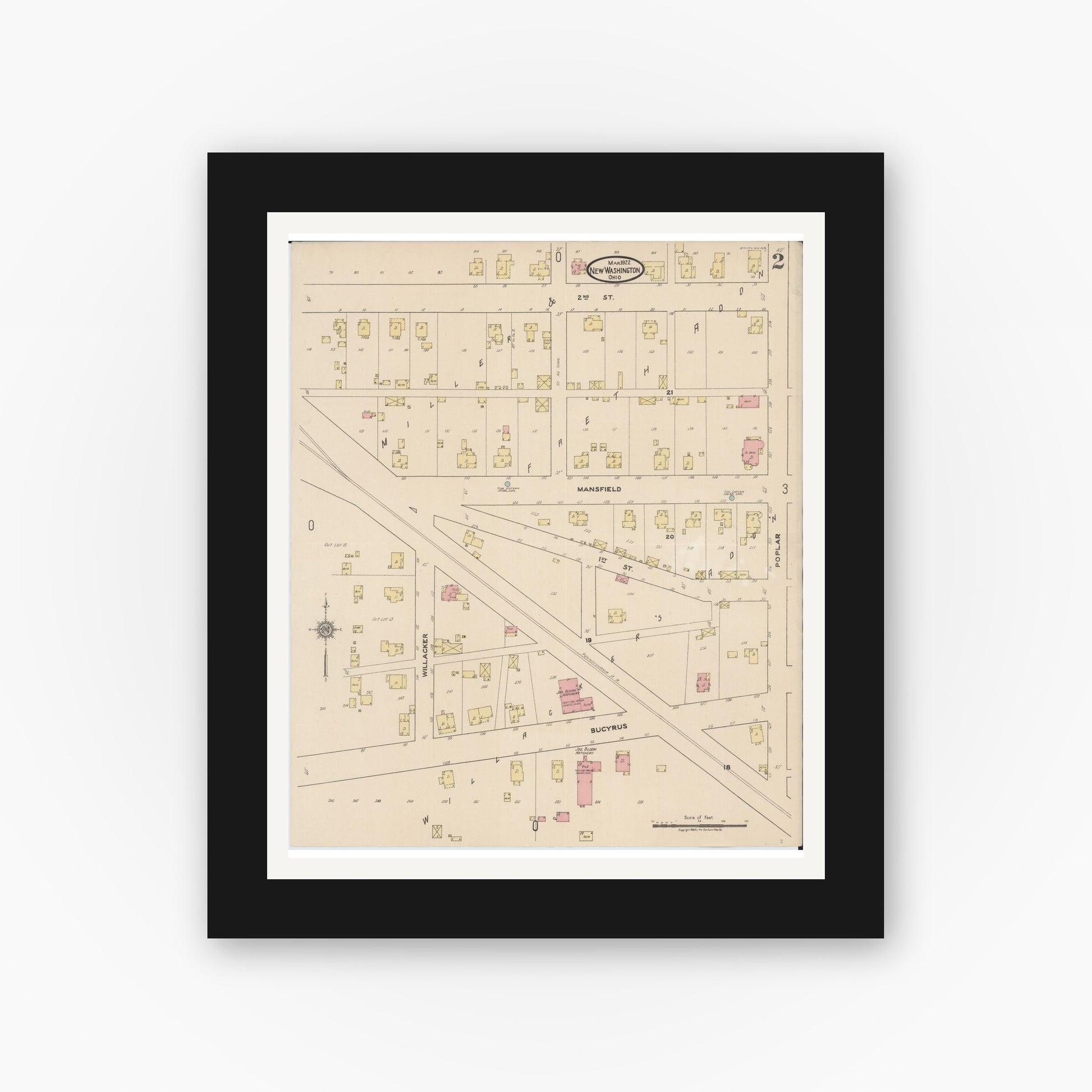 Old map wall art mockup — black gallery frame with white mat — Sanborn Fire Insurance Map from New Washington, Crawford County, Ohio (1922), Sheet #0002