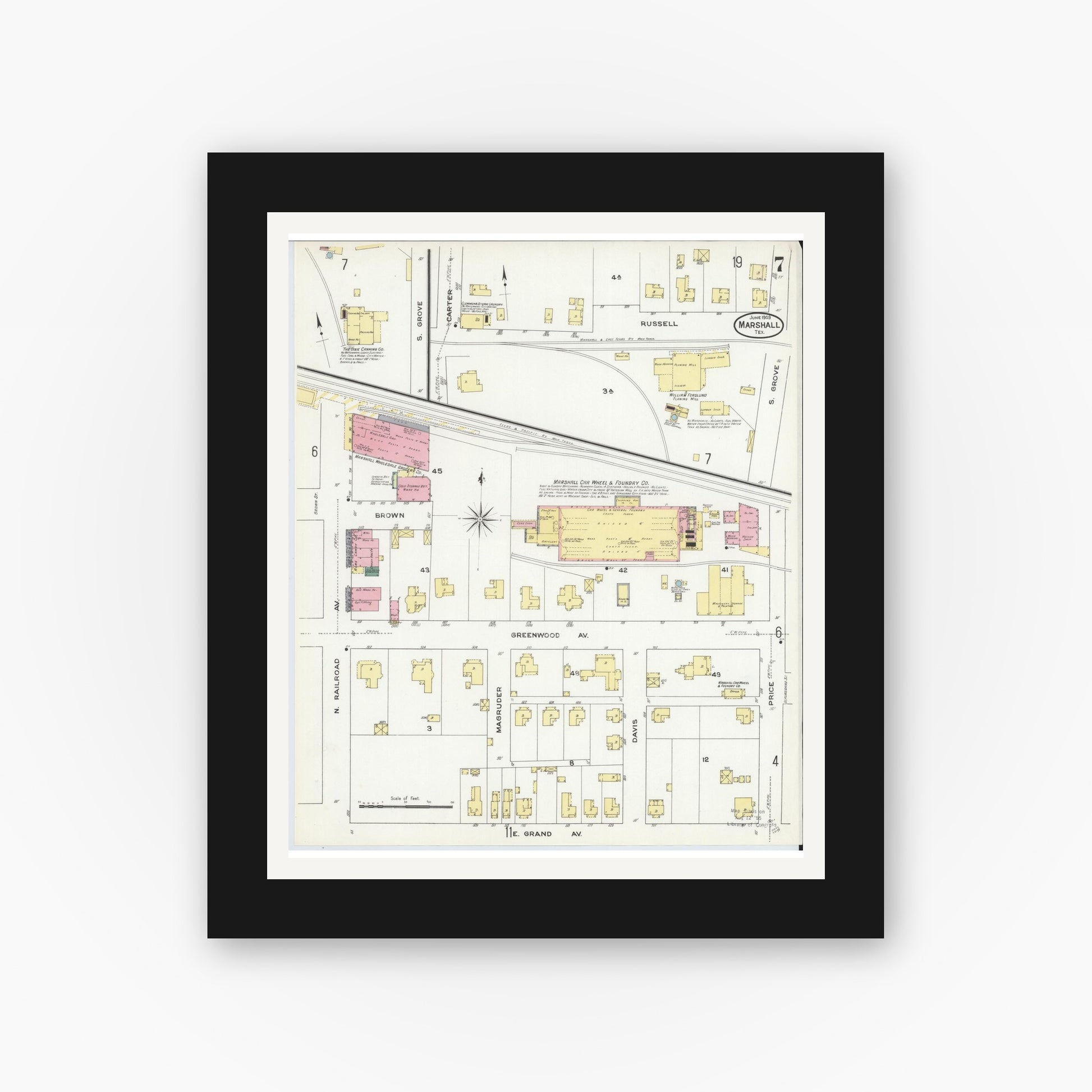 Old map wall art mockup — black gallery frame with white mat — Sanborn Fire Insurance Map from Marshall, Harrison County, Texas (1909), Sheet #0007