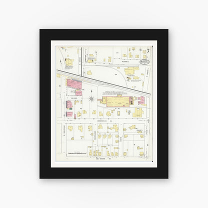 Old map wall art mockup — black gallery frame with white mat — Sanborn Fire Insurance Map from Marshall, Harrison County, Texas (1909), Sheet #0007