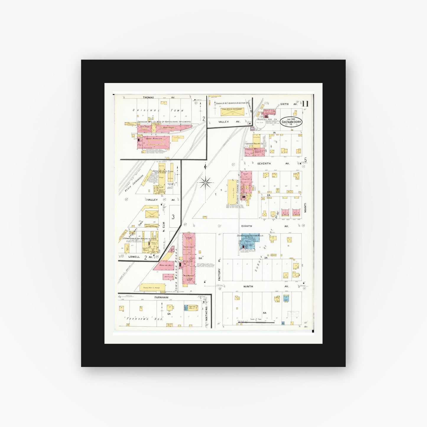 Old map wall art mockup — black gallery frame with white mat — Sanborn Fire Insurance Map from Shenandoah, Page County, Iowa (1909), Sheet #0011