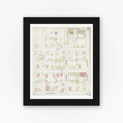 Old map wall art mockup — black gallery frame with white mat — Sanborn Fire Insurance Map from Rushville, Rush County, Indiana (1892), Sheet #0004