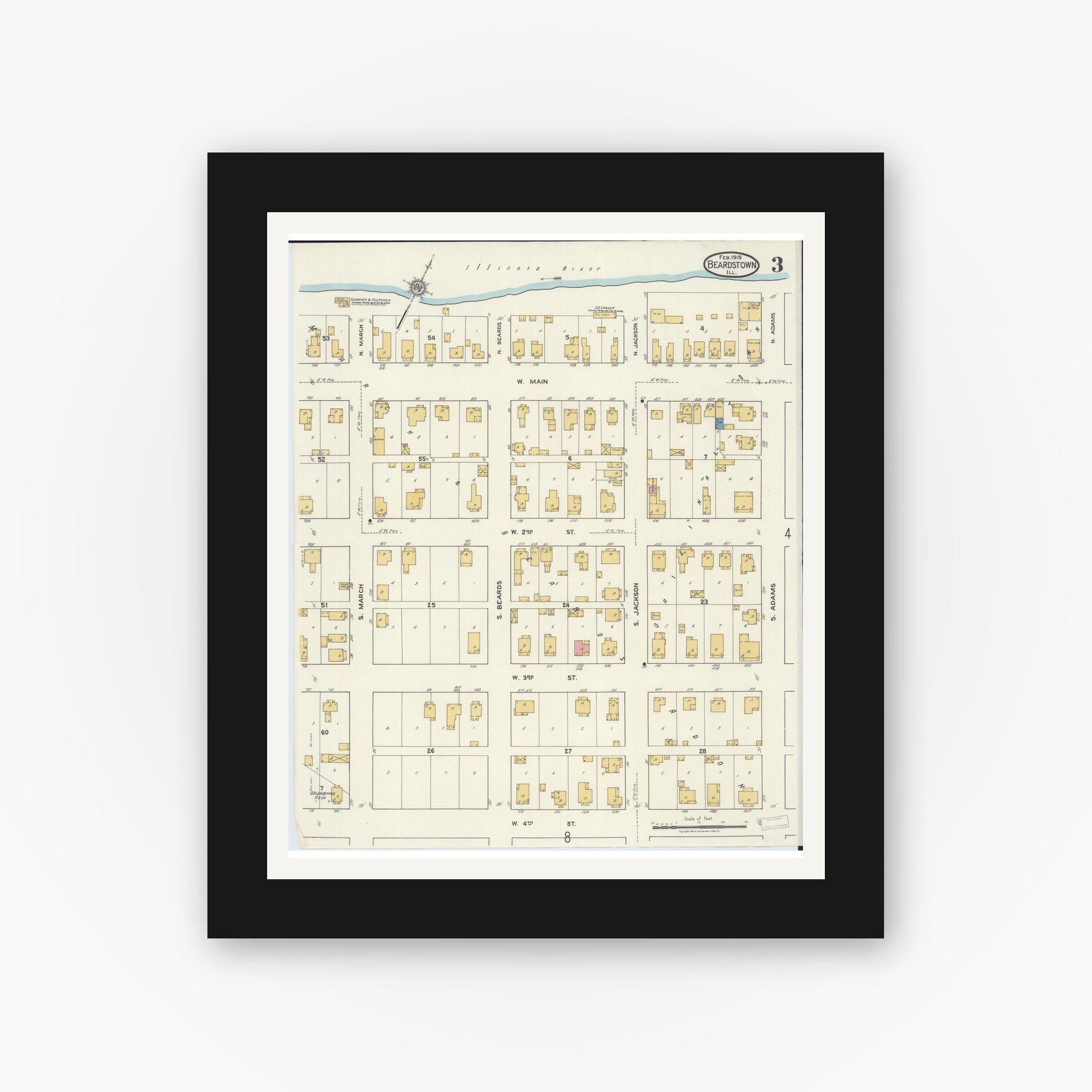 Old map wall art mockup — black gallery frame with white mat — Sanborn Fire Insurance Map from Beardstown, Cass County, Illinois (1919), Sheet #0003
