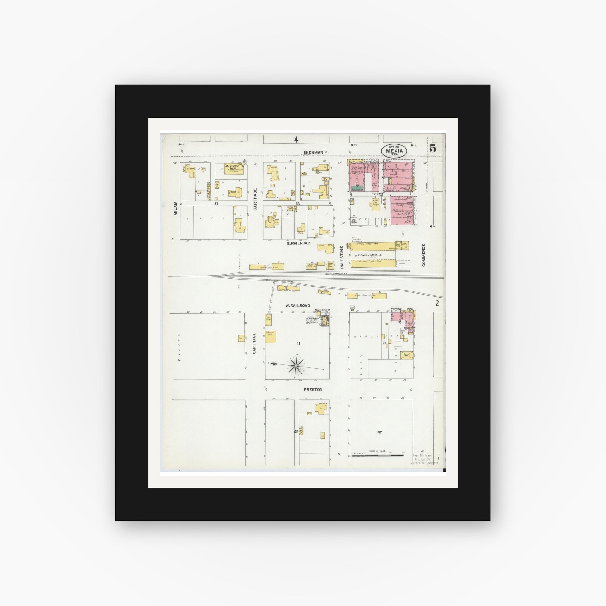 Old map wall art mockup — black gallery frame with white mat — Sanborn Fire Insurance Map from Mexia, Limestone County, Texas (1901), Sheet #0005
