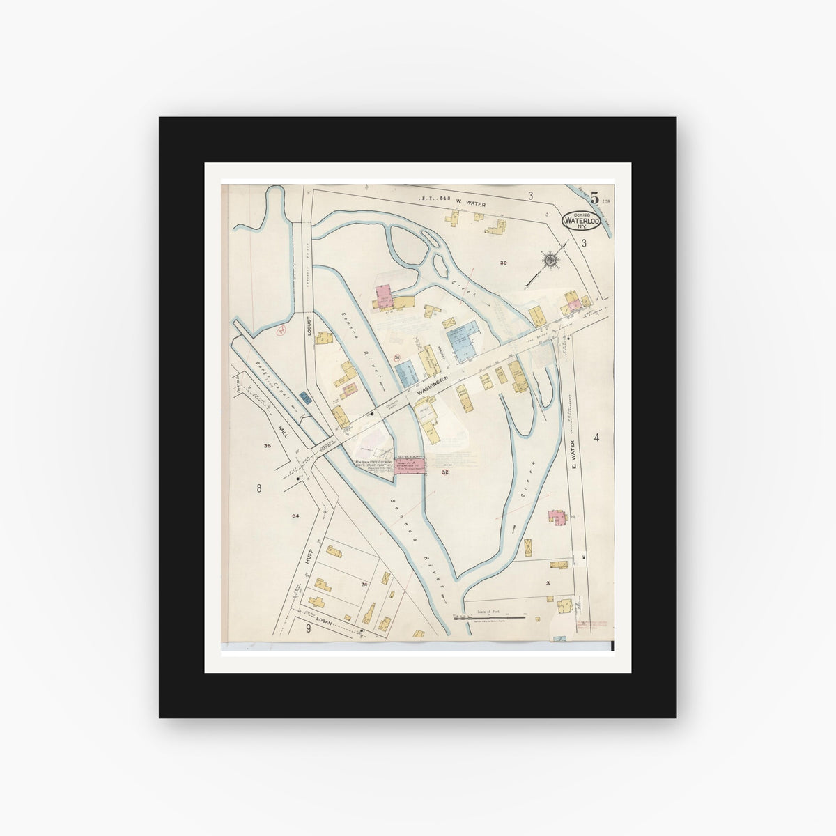 Old map wall art mockup — black gallery frame with white mat — Sanborn Fire Insurance Map from Waterloo, Seneca County, New York (1948), Sheet #0005