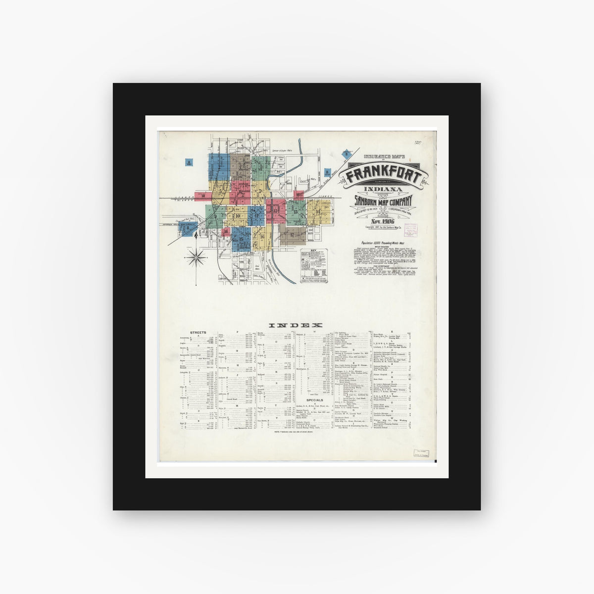 Old map wall art mockup — black gallery frame with white mat — Sanborn Fire Insurance Map from Frankfort, Clinton County, Indiana (1906), Sheet #0001