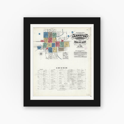 Old map wall art mockup — black gallery frame with white mat — Sanborn Fire Insurance Map from Frankfort, Clinton County, Indiana (1906), Sheet #0001