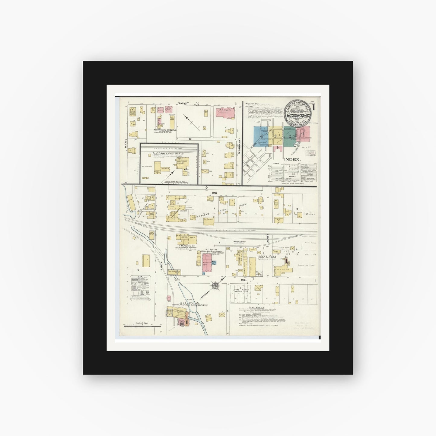 Old map wall art mockup — black gallery frame with white mat — Sanborn Fire Insurance Map from Mechanicsburg, Champaign County, Ohio (1911), Sheet #0001
