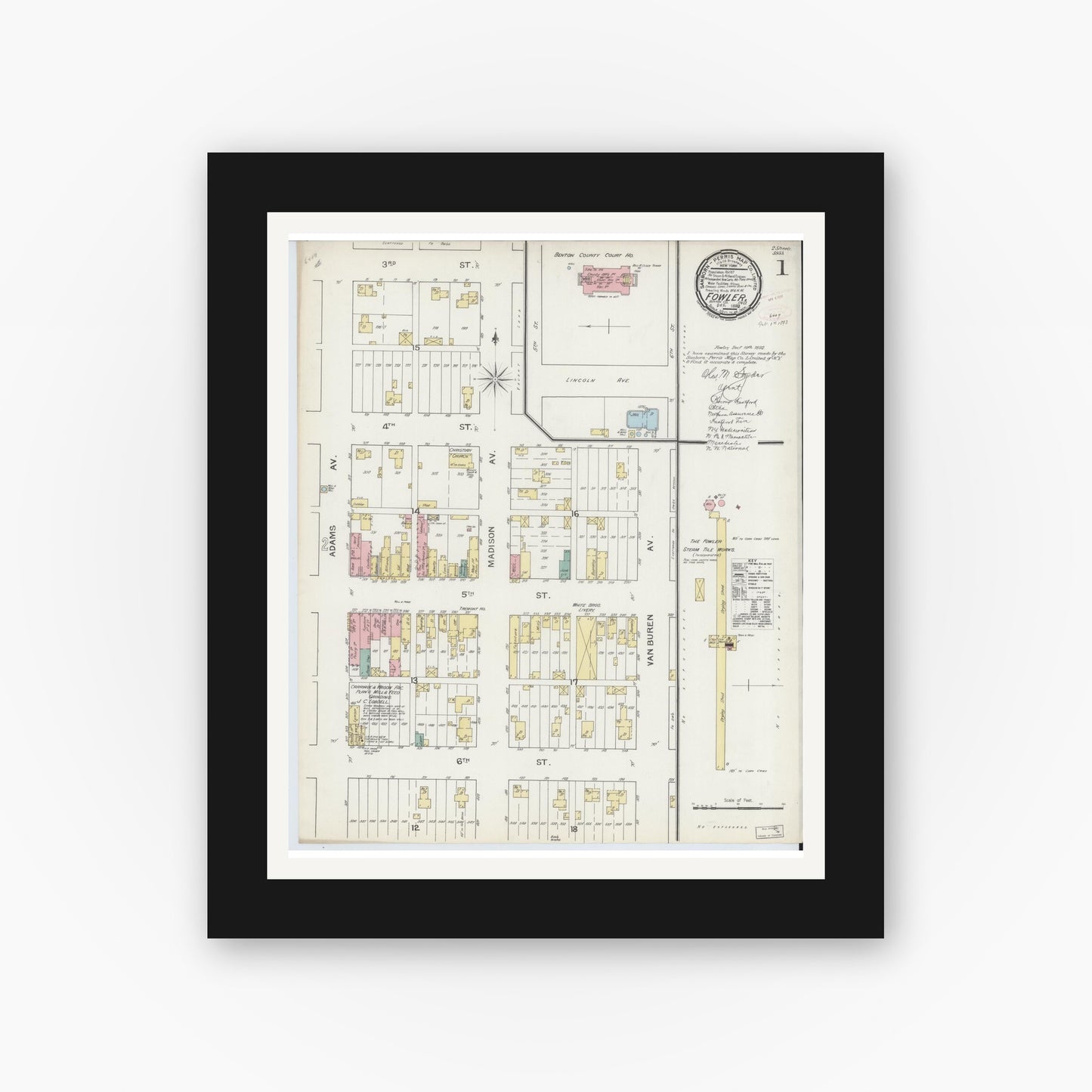 Old map wall art mockup — black gallery frame with white mat — Sanborn Fire Insurance Map from Fowler, Benton County, Indiana (1892) - Complete Map Set