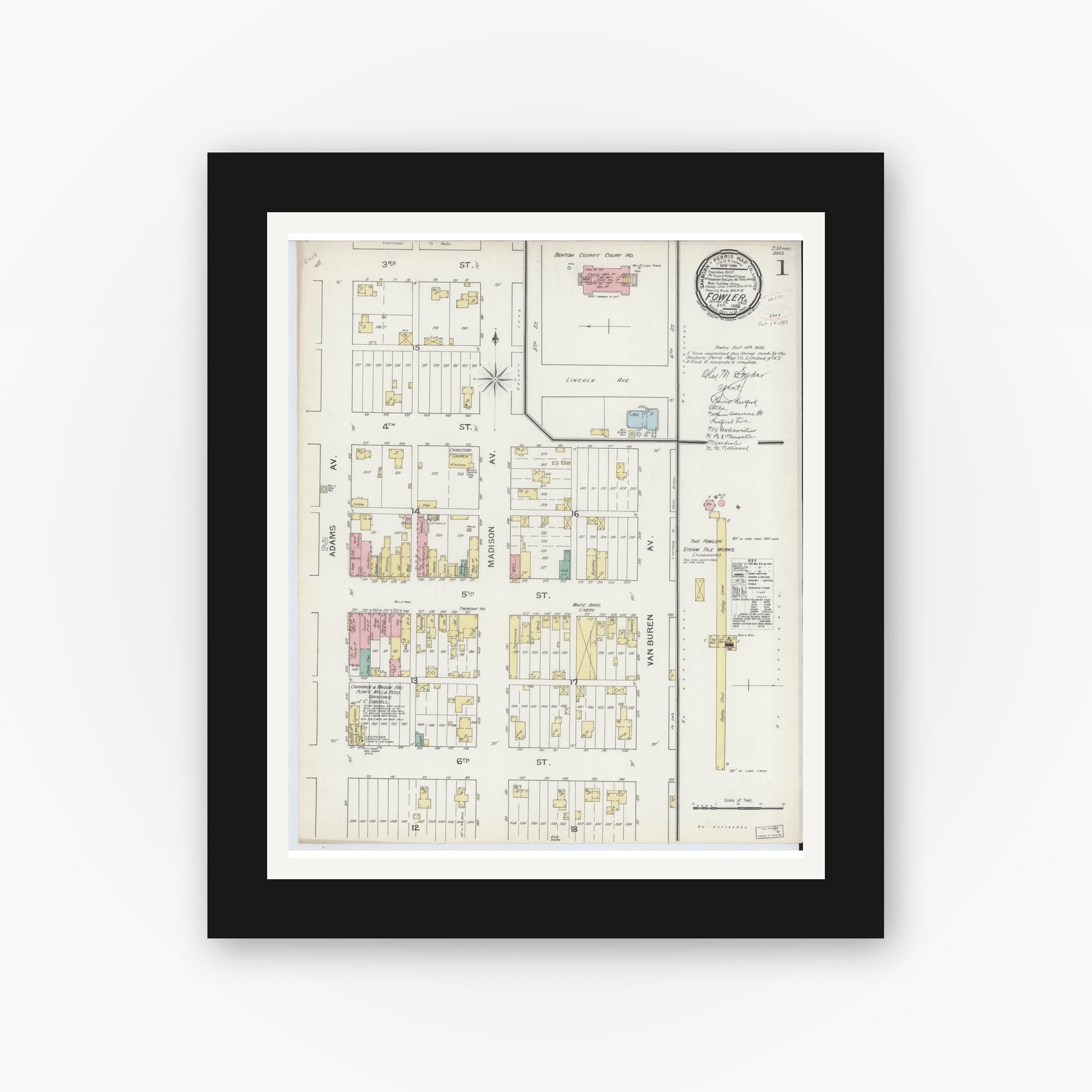 Old map wall art mockup — black gallery frame with white mat — Sanborn Fire Insurance Map from Fowler, Benton County, Indiana (1892) - Complete Map Set