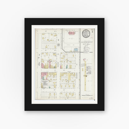 Old map wall art mockup — black gallery frame with white mat — Sanborn Fire Insurance Map from Fowler, Benton County, Indiana (1892) - Complete Map Set