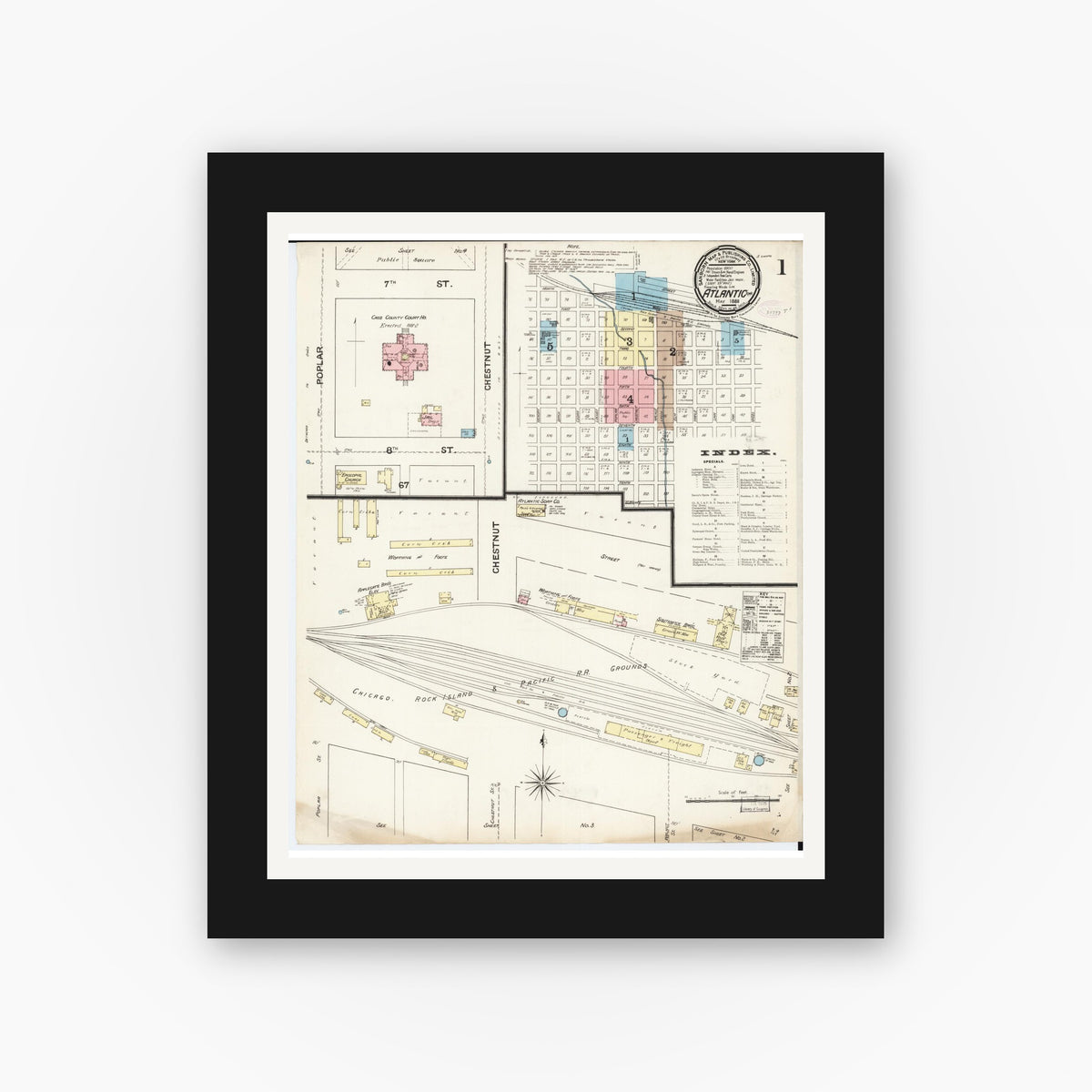 Old map wall art mockup — black gallery frame with white mat — Sanborn Fire Insurance Map from Atlantic, Cass County, Iowa (1888) â€” Complete Set