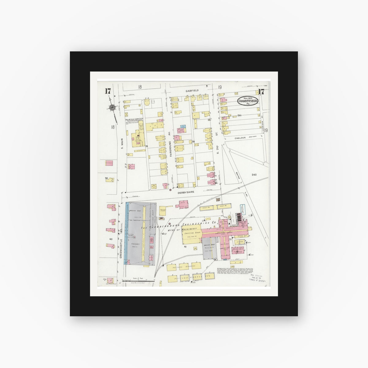 Old map wall art mockup — black gallery frame with white mat — Sanborn Fire Insurance Map from Chambersburg, Franklin County, Pennsylvania (1924), Sheet #0017