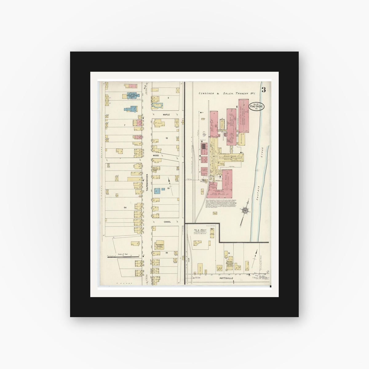 Old map wall art mockup — black gallery frame with white mat — Sanborn Fire Insurance Map from Pine Grove, Schuylkill County, Pennsylvania (1911), Sheet #0003