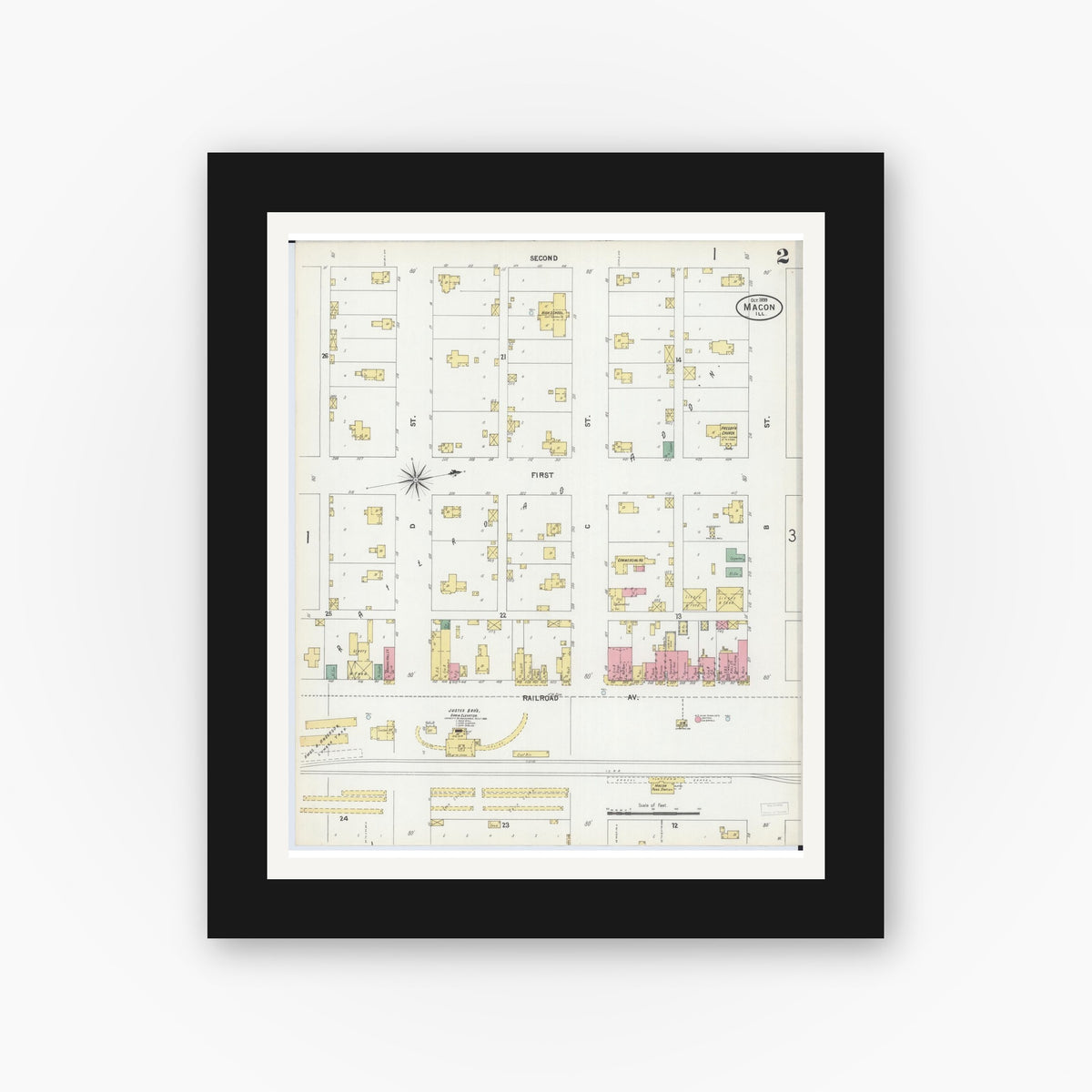 Old map wall art mockup — black gallery frame with white mat — Sanborn Fire Insurance Map from Macon, Macon County, Illinois (1899), Sheet #0002