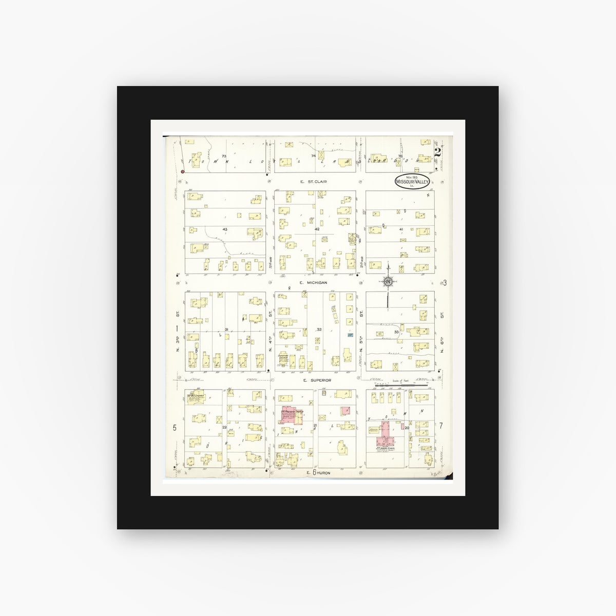 Old map wall art mockup — black gallery frame with white mat — Sanborn Fire Insurance Map from Missouri Valley, Harrison County, Iowa (1913), Sheet #0002