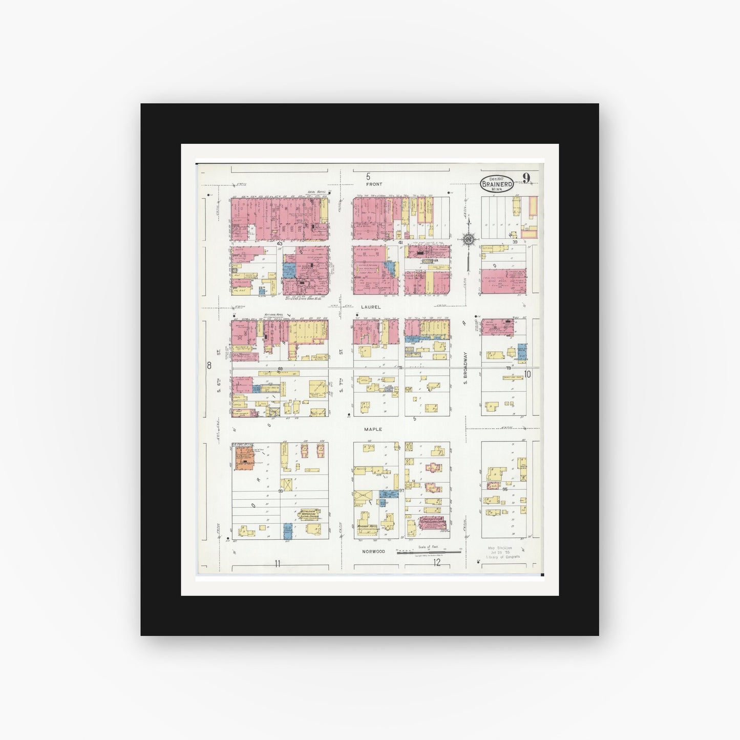 Old map wall art mockup — black gallery frame with white mat — Sanborn Fire Insurance Map from Brainerd, Crow Wing County, Minnesota (1917), Sheet #0009