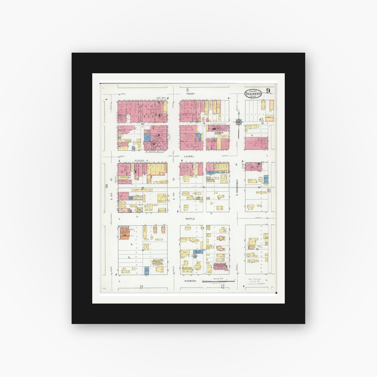 Old map wall art mockup — black gallery frame with white mat — Sanborn Fire Insurance Map from Brainerd, Crow Wing County, Minnesota (1917), Sheet #0009
