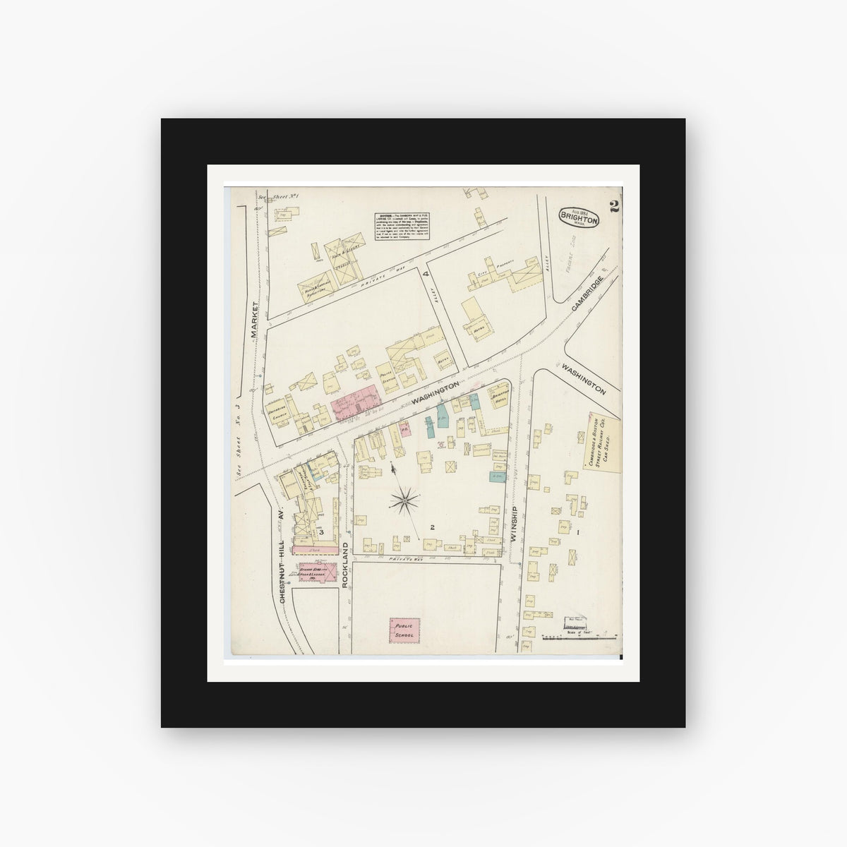 Old map wall art mockup — black gallery frame with white mat — Sanborn Fire Insurance Map from Brighton, Suffolk County, Massachusetts (1884), Sheet #0002
