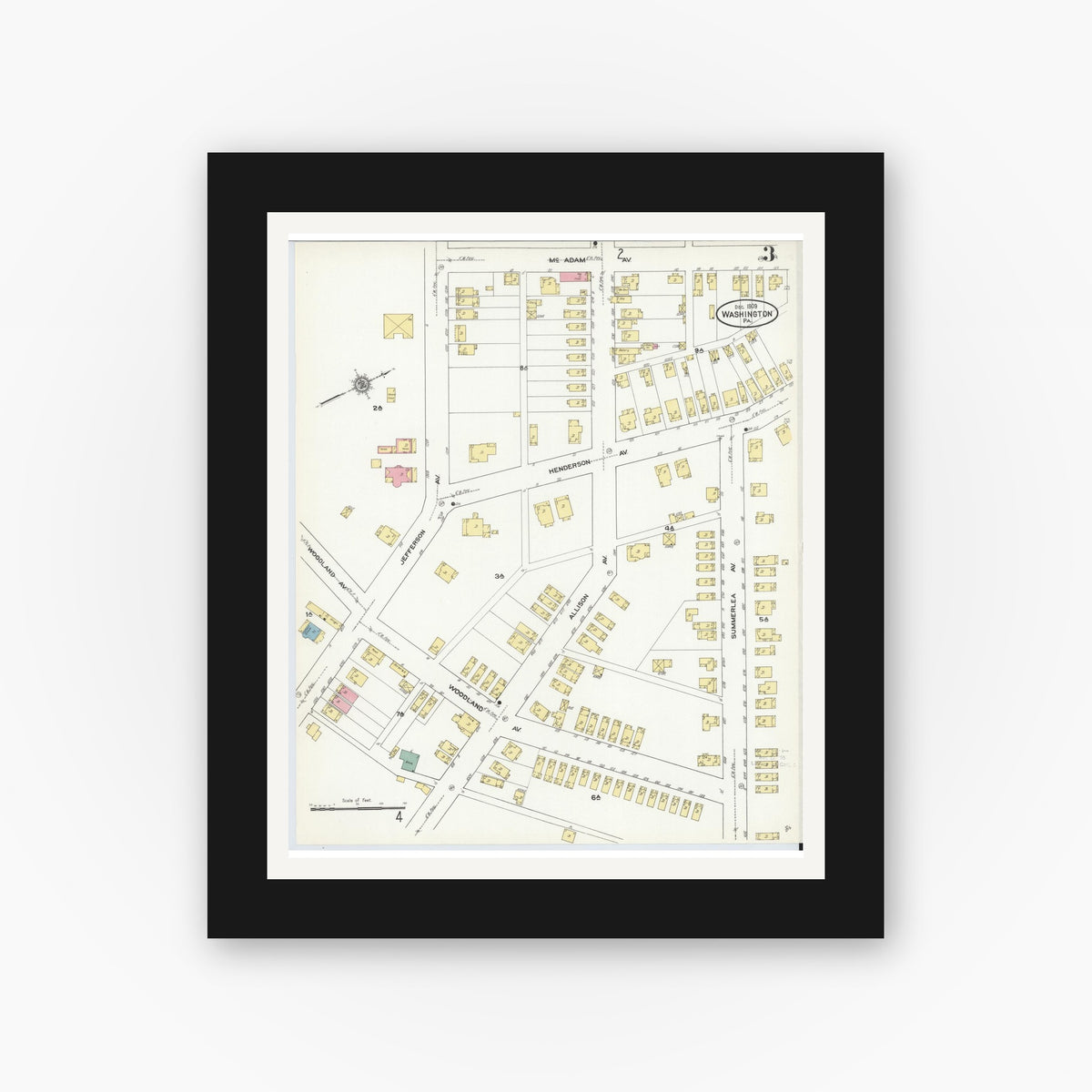 Old map wall art mockup — black gallery frame with white mat — Sanborn Fire Insurance Map from Washington, Washington County, Pennsylvania (1909), Sheet #0003