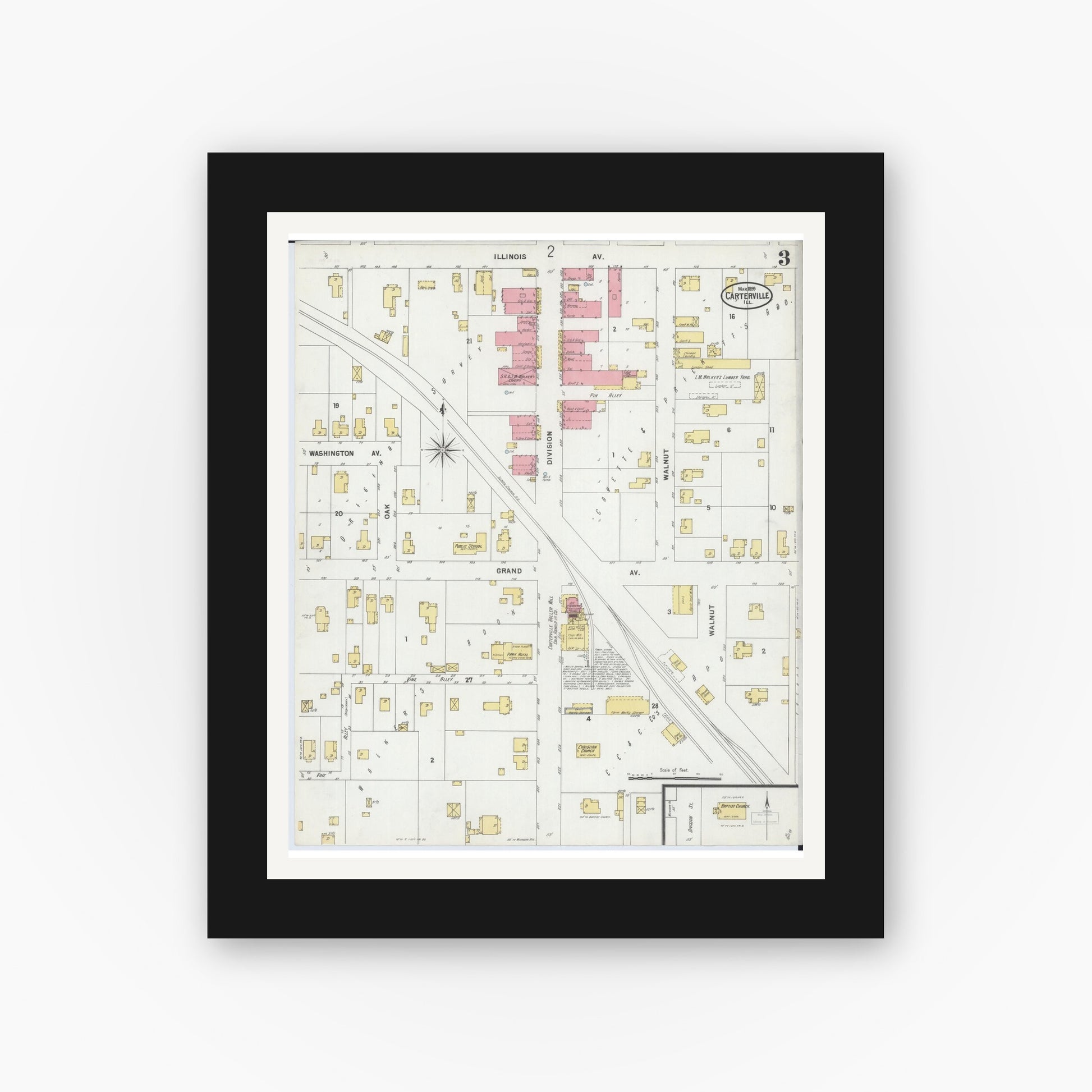 Old map wall art mockup — black gallery frame with white mat — Sanborn Fire Insurance Map from Carterville, Williamson County, Illinois (1899), Sheet #0003