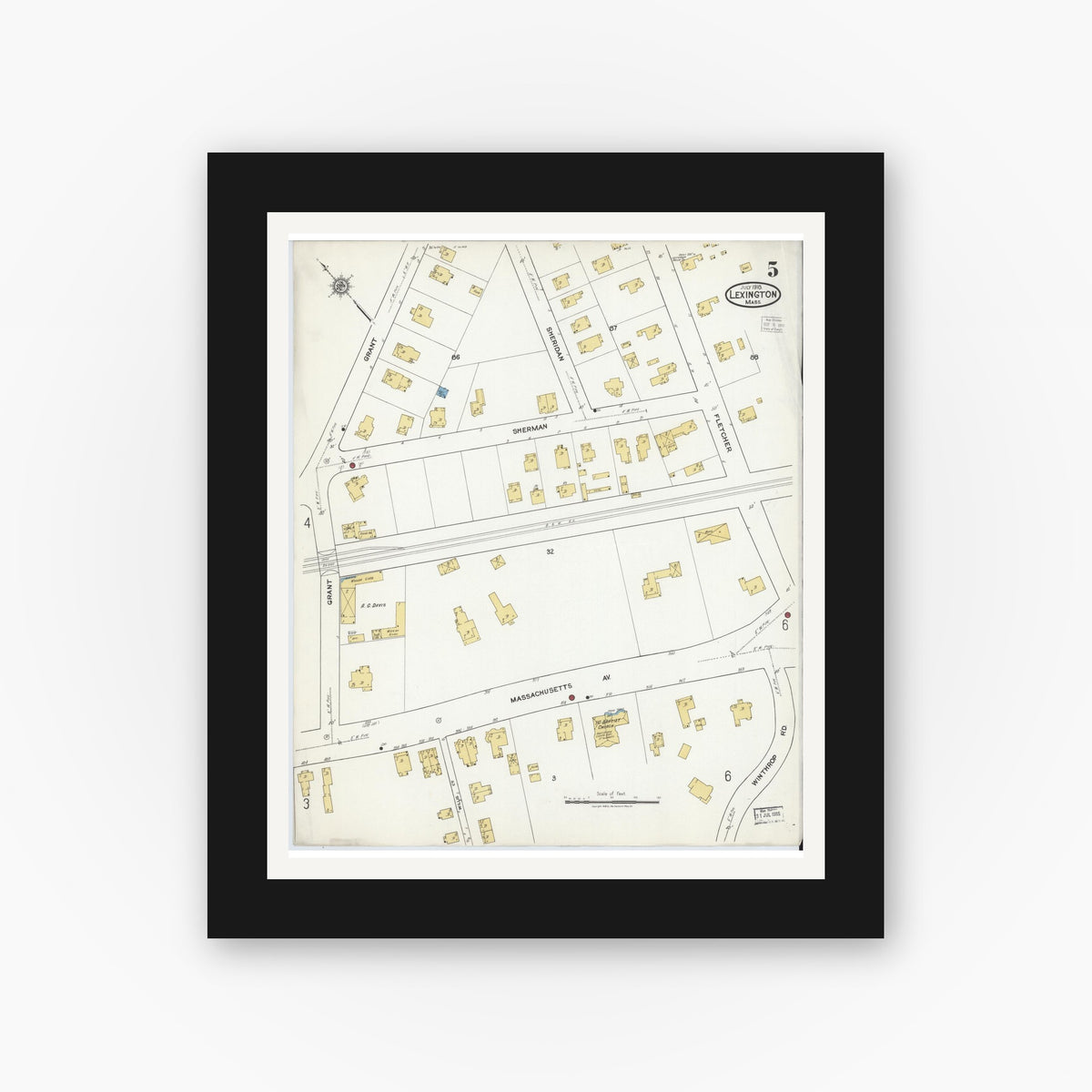 Old map wall art mockup — black gallery frame with white mat — Sanborn Fire Insurance Map from Lexington, Middlesex County, Massachusetts (1918), Sheet #0005
