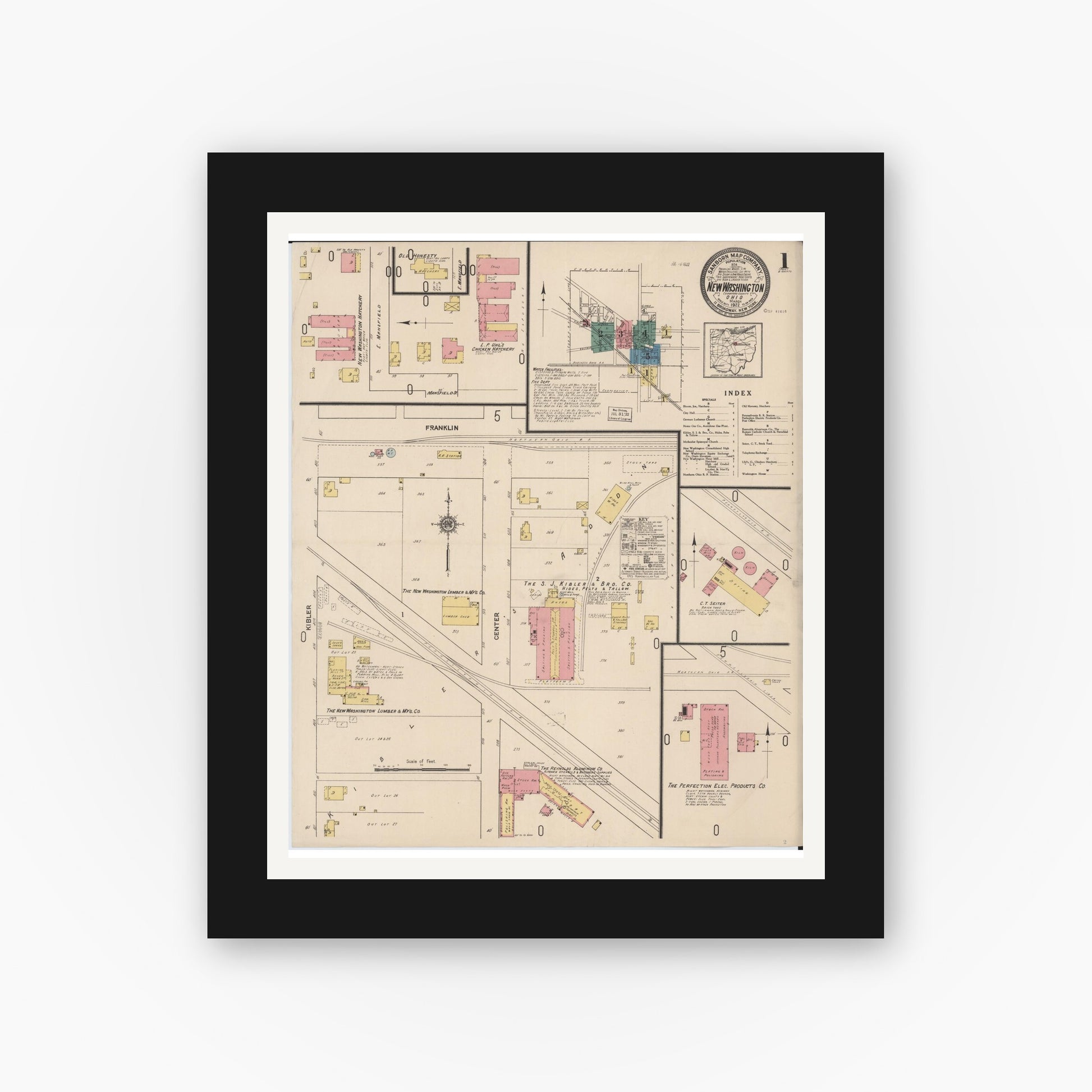 Old map wall art mockup — black gallery frame with white mat — Sanborn Fire Insurance Map from New Washington, Crawford County, Ohio (1922) - Complete Map Set