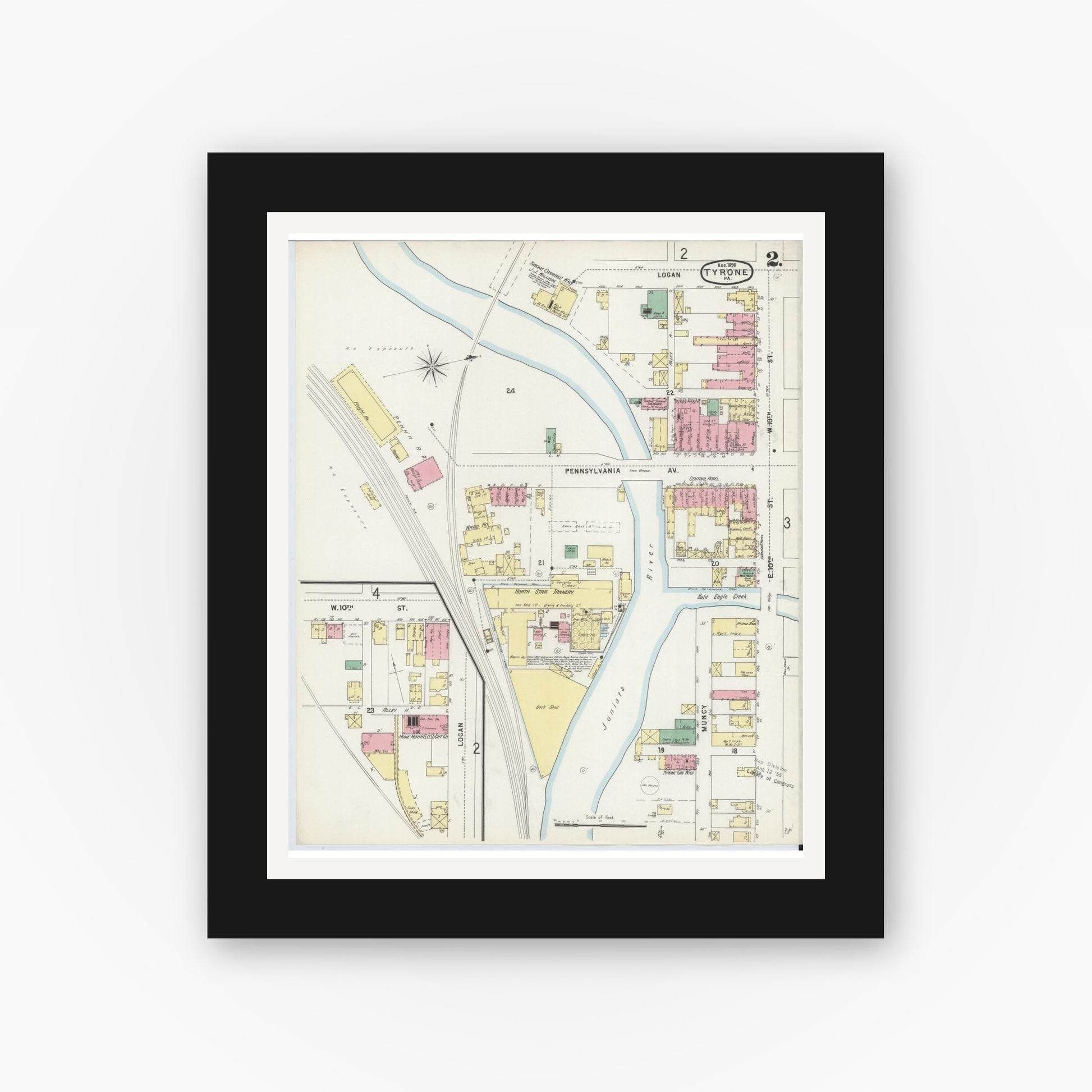Old map wall art mockup — black gallery frame with white mat — Sanborn Fire Insurance Map from Tyrone, Blair County, Pennsylvania (1896), Sheet #0002