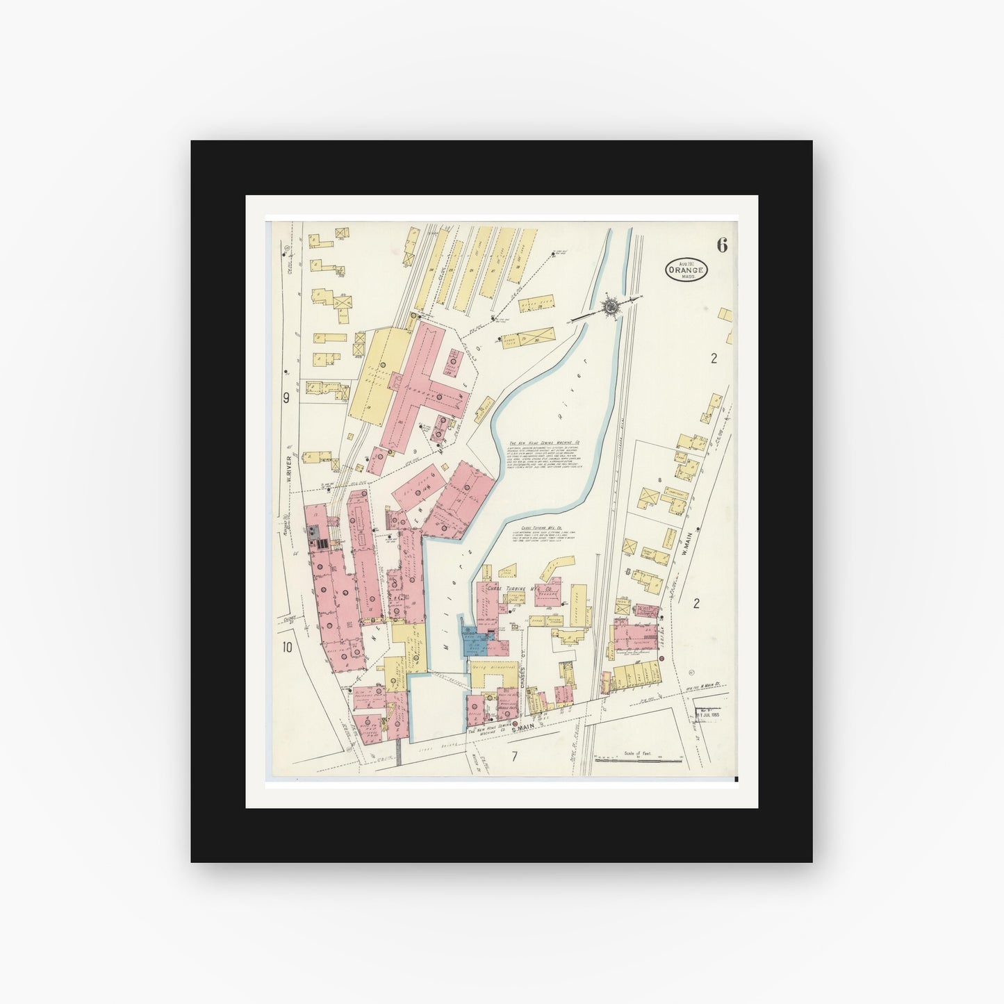 Old map wall art mockup — black gallery frame with white mat — Sanborn Fire Insurance Map from Orange, Franklin County, Massachusetts (1911), Sheet #0006