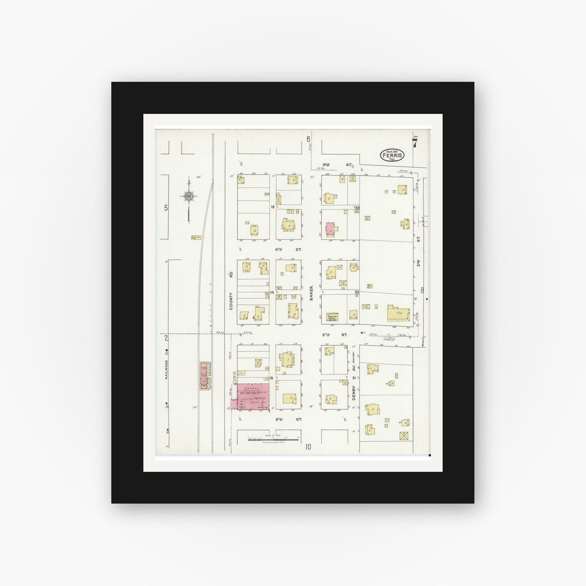 Old map wall art mockup — black gallery frame with white mat — Sanborn Fire Insurance Map from Ferris, Ellis County, Texas (1921), Sheet #0007