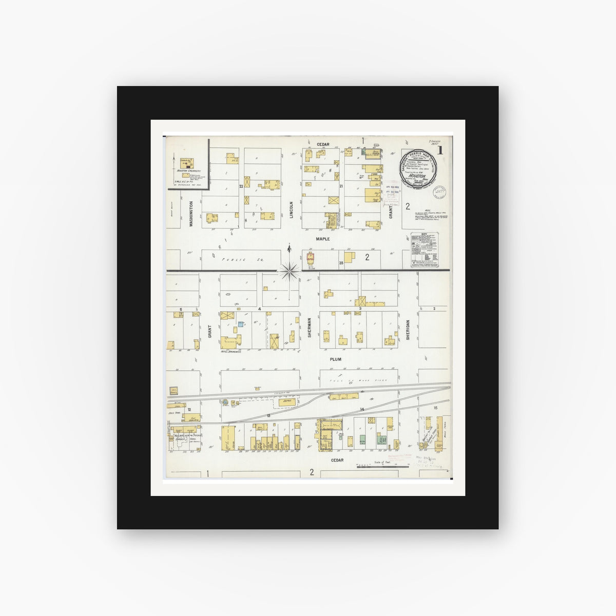Old map wall art mockup — black gallery frame with white mat — Sanborn Fire Insurance Map from Houston, Houston County, Minnesota (1900), Sheet #0001
