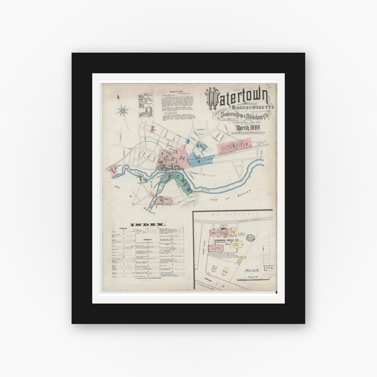 Old map wall art mockup — black gallery frame with white mat — Sanborn Fire Insurance Map from Watertown, Middlesex County, Massachusetts (1889), Sheet #0001